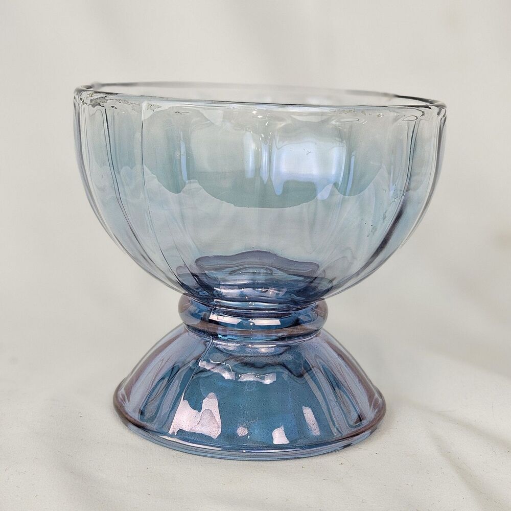 Libbey Blue Glass‎ Dessert Bowl Fruit Ice Cream Pedestal Footed Bowl VTG